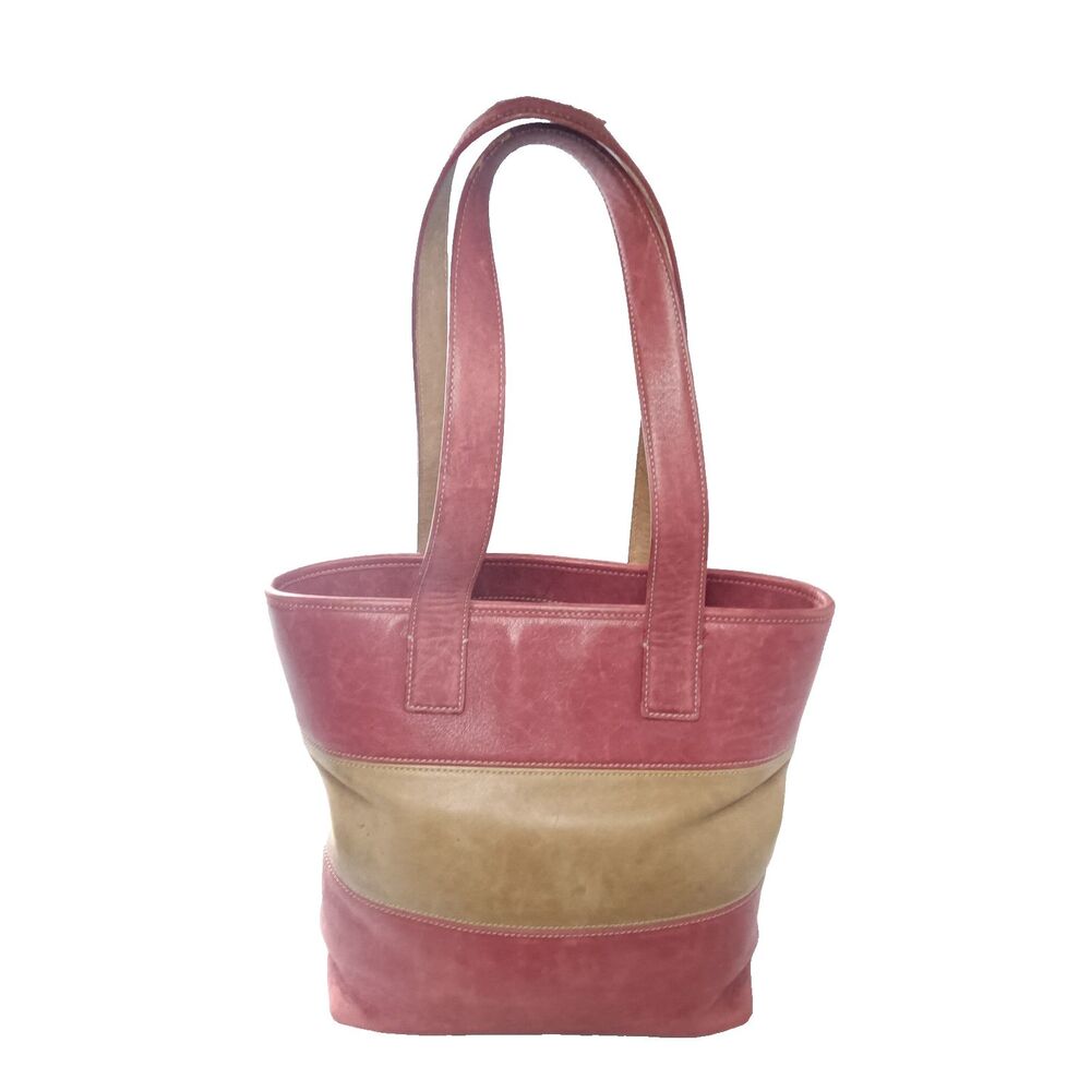 Vintage Coach 9348 Leather Rugby Stripe Tote Bag Red & Tan Handbag